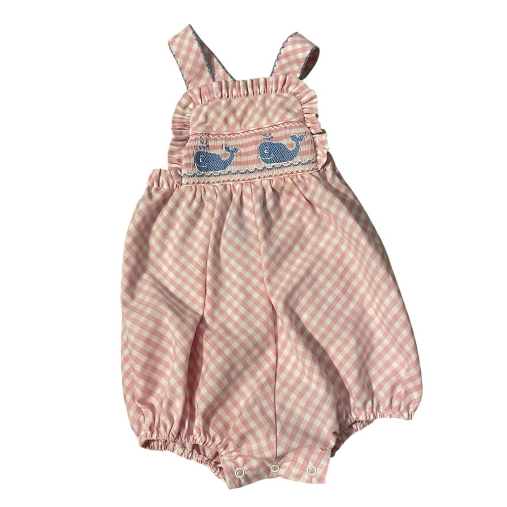 Anavini Hand Smocked Pink‎ Gingham Whale Bubble | 9 Months
